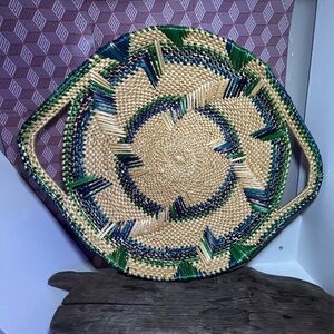 Handwoven Straw Basket with Green Accents